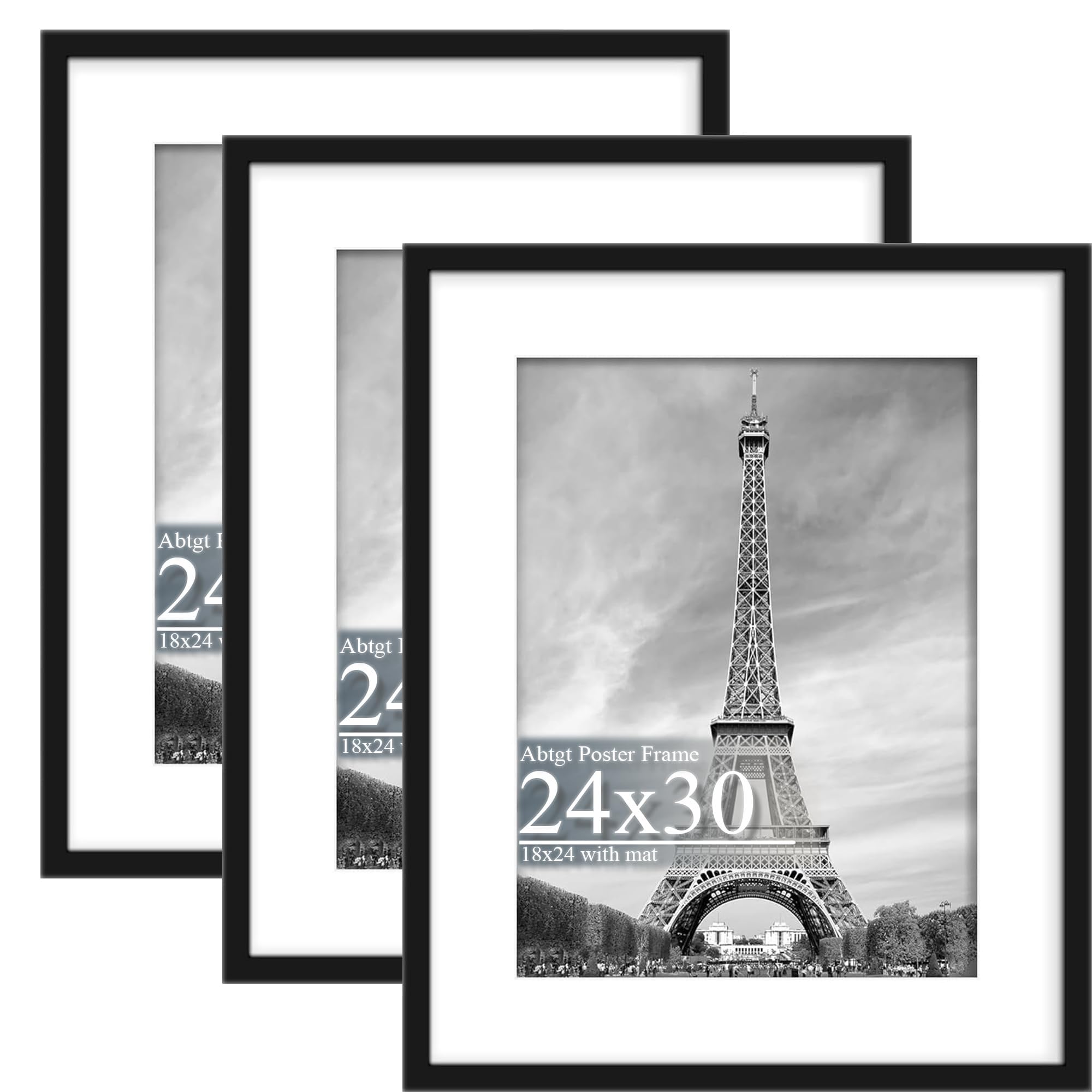Abtgt 24x30 Frame Set of 3, Display Pictures 18x24 with Mat or 24x30 without Mat, Vertical & Horizontal Wall Decoration Picture Frame for Photos, Posters & Art Prints, Black