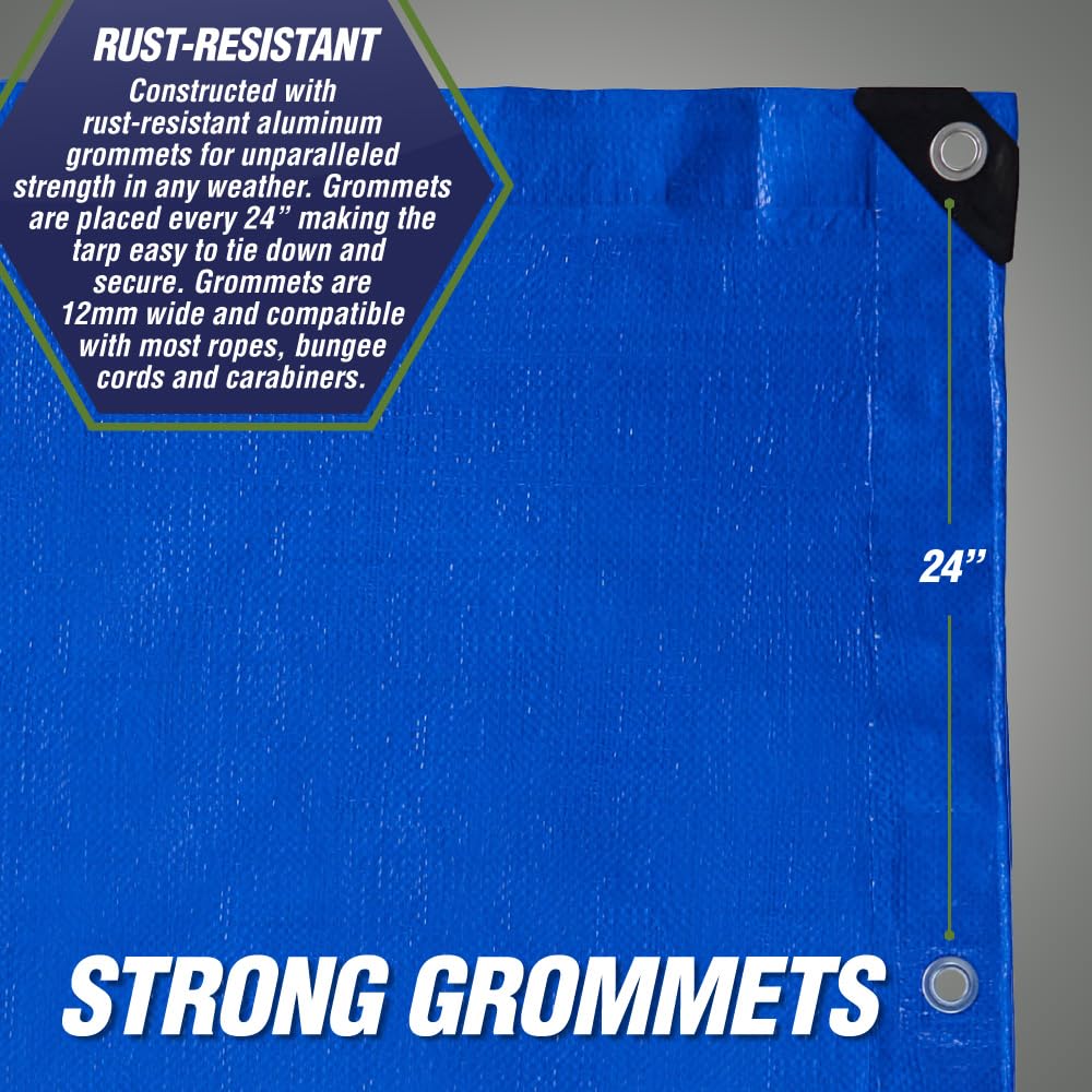 RUGGED RHINO Heavy Duty Waterproof Tarp, 10x20, UV and Tear Resistant Cover with Reinforced Grommets and Corners, Outdoor Multipurpose Tarps for Camping, Patio, Garden, Car & Roof, 5 Mil, 1 Pack, Blue