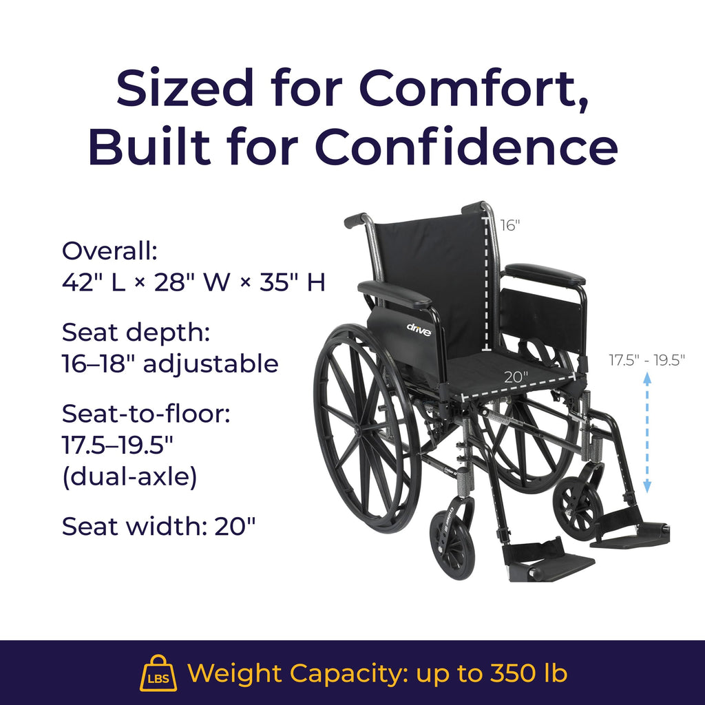 Drive Medical Cruiser III Lightweight Wheelchair - Enhanced Mobility Support - Adjustable Seat & Arm Options - Durable Carbon Steel Construction - Smooth-Rolling Mag Wheels - 20 Inch Seat