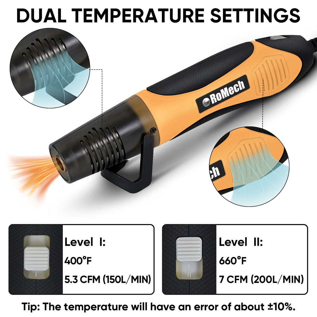 ROMECH 350W Heat Gun with 2 Nozzles, Dual Temp Heat Gun 400°F-660°F, Fast Heat Hot Air Gun with Overload Protection for DIY Craft Embossing Shrink Wrapping (Orange)