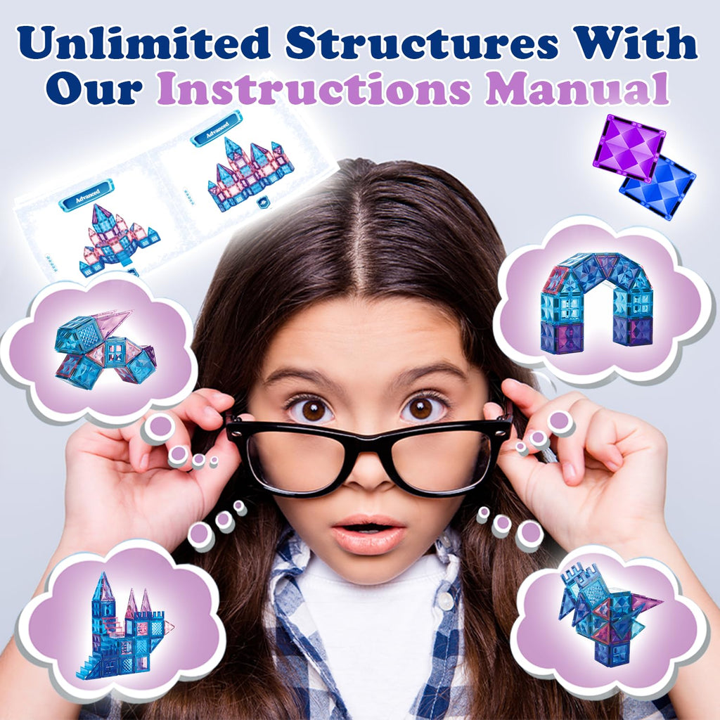 Little Pi 102pcs Frozen Princess Castle Magnetic Tiles Building Blocks - 3D Diamond Blocks, STEM Educational Toddler Toys for Pretend Play, 4 Year Old Girl Birthday Gifts Kids Ages 3 5 6 7 8 - Blue