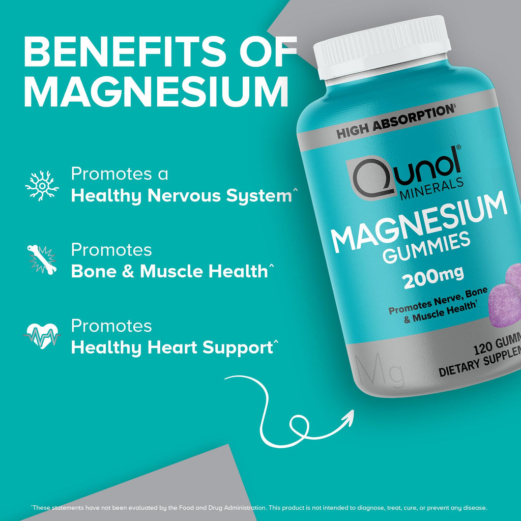 Qunol Magnesium Gummies for Adults, 200mg Elemental Magnesium (from 1,750mg Magnesium Citrate), High Absorption Magnesium Supplement, Supports Nerve, Bone and Muscle Health, Vegetarian, 120 Count