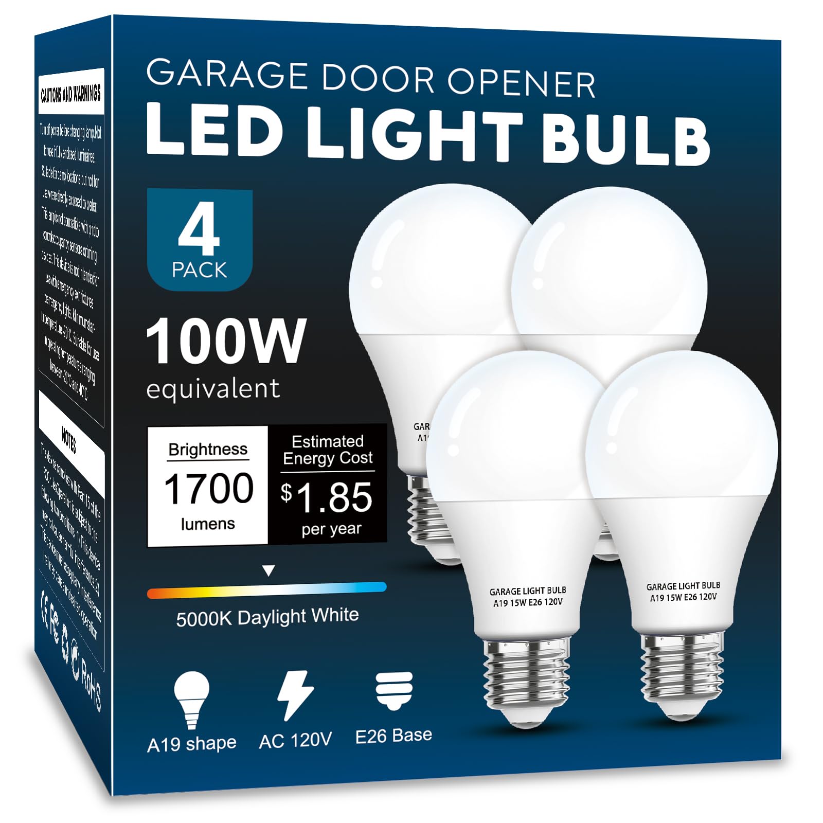 LOXYEE Garage Door Opener LED Light Bulb 4 Pack，15W Equivalent to 100W Garage Light Bulb,A19 5000K Daylight White E26 Base 120V Outdoor Light Bulbs,Minimize Interference,Dimmable