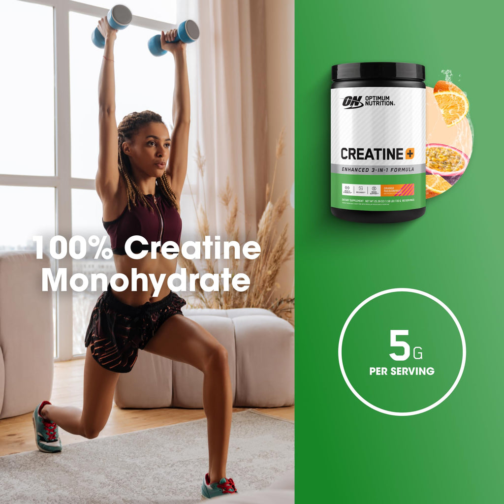 Optimum Nutrition Creatine Monohydrate Plus Powder, Orange Passionfruit Flavored Creatine Performance Blend With Electrolytes for Hydration, Added Vitamins, 80 Servings, 720 Grams (Packaging May Vary)