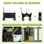 Collapsible Foldable Wagon Cart with Wheels - 360LBS Folding Utility Wagon Cart with Brakes, Lightweight Portable All-Terrain Wagons for Groceries Garden Beach Shopping Camping, 2 Cup Holders/Black
