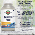 KAL Nutritional Yeast Supplement, Fortified w/ B12, Biotin, Folic Acid, Other B Vitamins, Naturally Occurring Amino Acids, Healthy Hair, Skin & Energy Support, Vegan, Gluten Free, 83 Serv, 500 Tablets