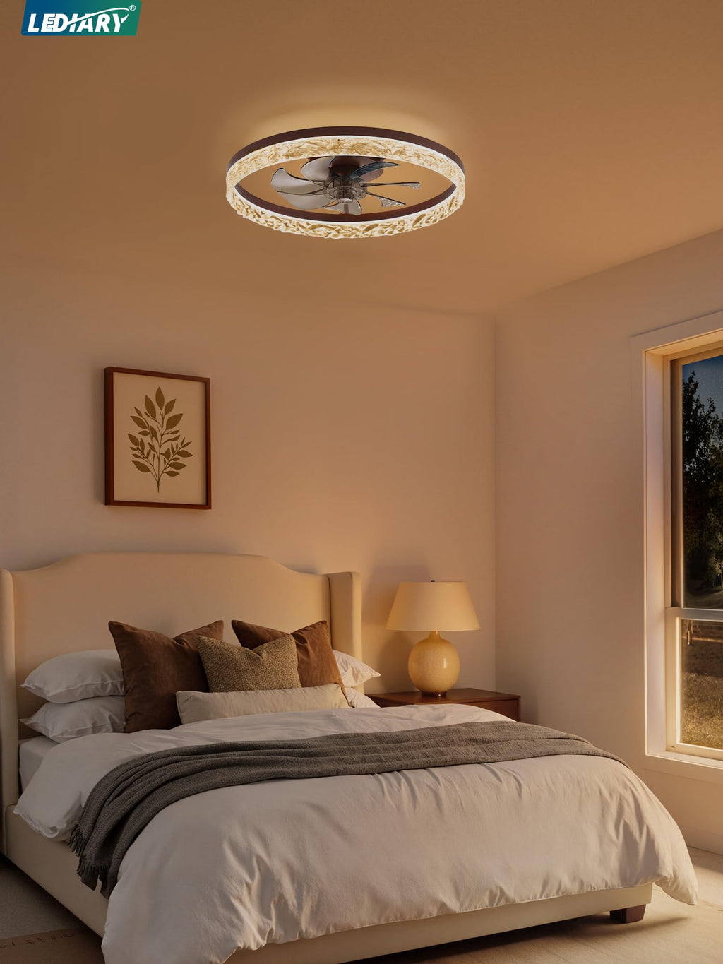 LEDIARY 20" Modern Ceiling Fans with Lights and Remote, Dimmable Low Profile Ceiling Fan, Flush Mount Ceiling Fan, Stepless Color Temperature Change and 6 Speeds - Brown