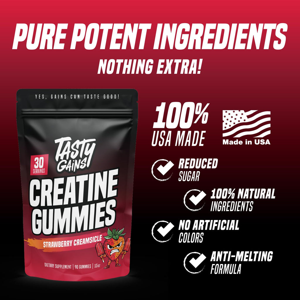 TASTY GAINS Creatine Gummies - 90g of Creatine Monohydrate - Workout Supplements - Build Muscle & Boost Strength for Men & Women - Made in USA - Non GMO - (Large, Strawberry Creamsicle Flavor)