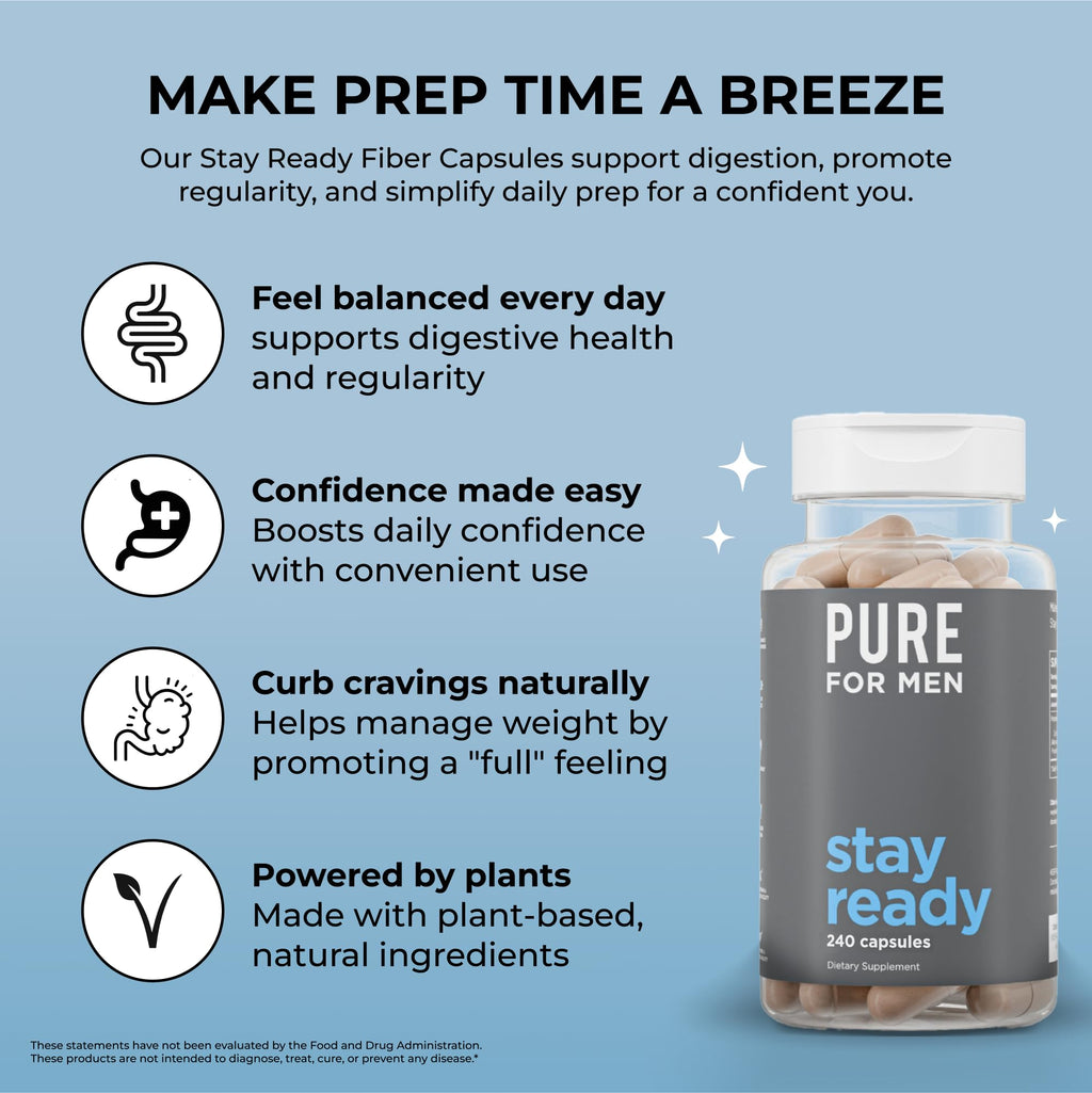 Pure for Men Original Cleanliness Stay Ready Fiber Supplement | Helps Promote Digestive Regularity | Psyllium Husk, Aloe Vera, Chia Seeds, Flaxseeds | Proprietary Formula | 240 Vegan Capsules