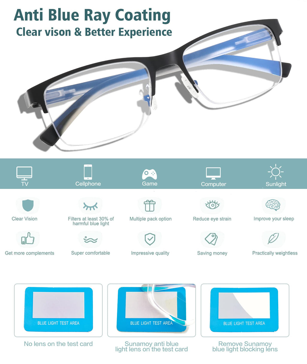 Multifocus Reading Glasses Men Progressive Multifocal Blue Light Computer Reader Half Frame Metal Extra Wide Eyeglasses No Line Bifocals Large Designer Cheaters Transition Square Eyewear 2packs 1.75
