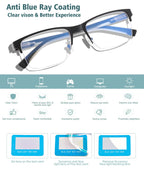 Multifocus Reading Glasses Men Progressive Multifocal Blue Light Computer Reader Half Frame Metal Extra Wide Eyeglasses No Line Bifocals Large Designer Cheaters Transition Square Eyewear 2packs 1.75