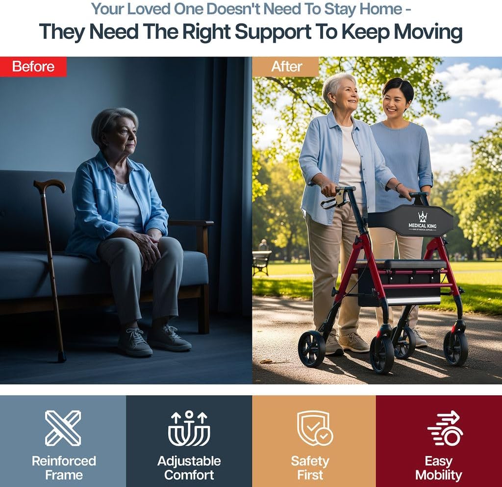 Walkers for Seniors with Seat Foldable Rollator Walker with 8" Wheels, Adjustable Handle Height, Comfortable Seat, 350 lb Capacity, Lightweight Rolling Walker with Storage Pouch - Red