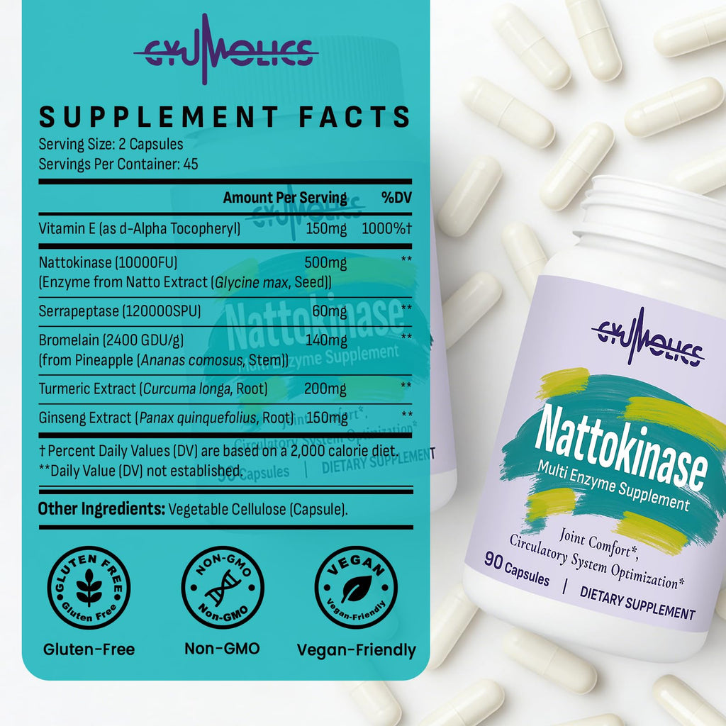 Gyumolics Nattokinase 10000FU, Nattokinase Supplement Organic, Serrapeptase, Bromelain, Curcumin, Vitamin E & Ginseng, Movement Comfort, 180 Capsules