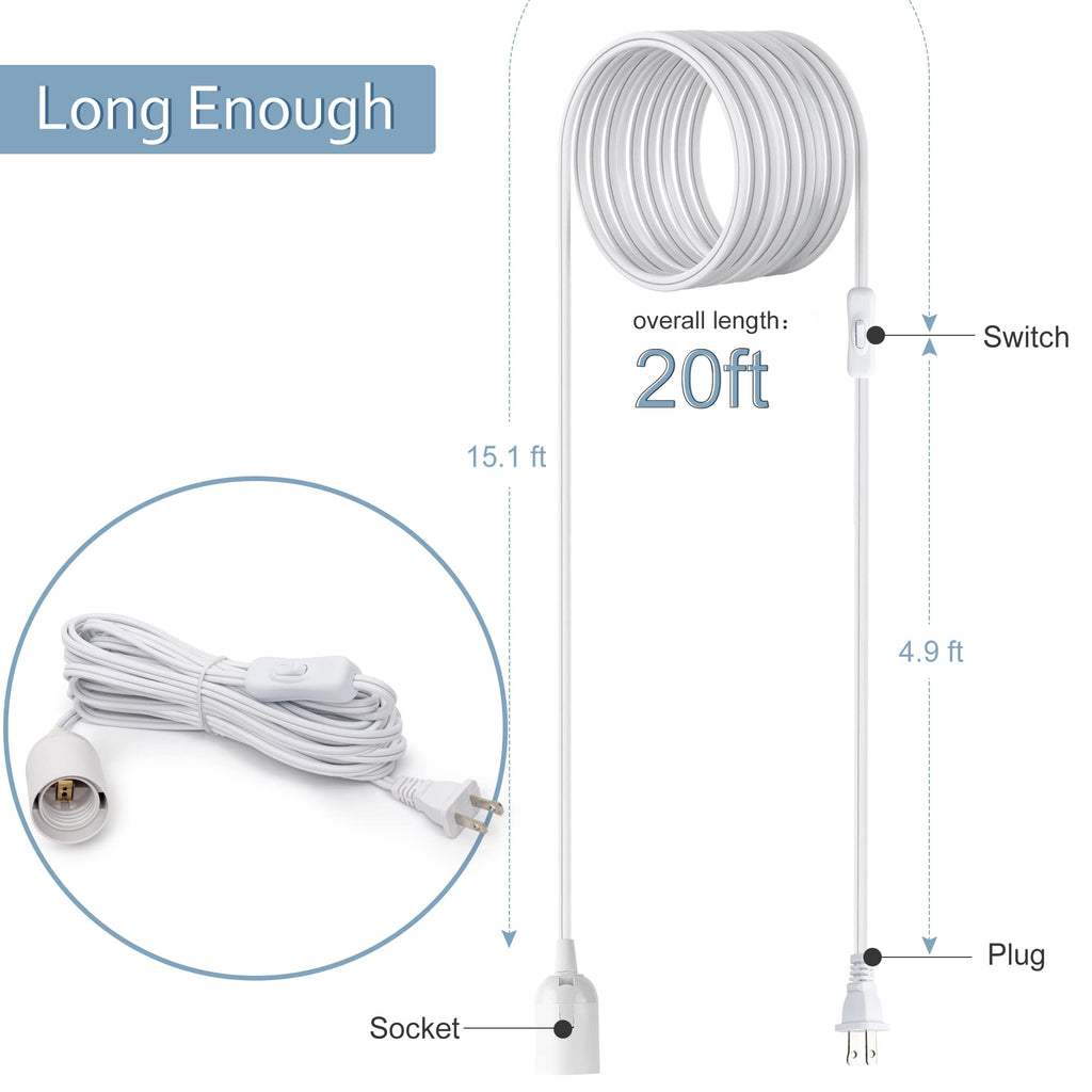 JACKYLED Extension Hanging Lantern Cord Cable 2-Pack 20ft UL 360W with E26 E27 Socket On/Off Button Pendant Lighting