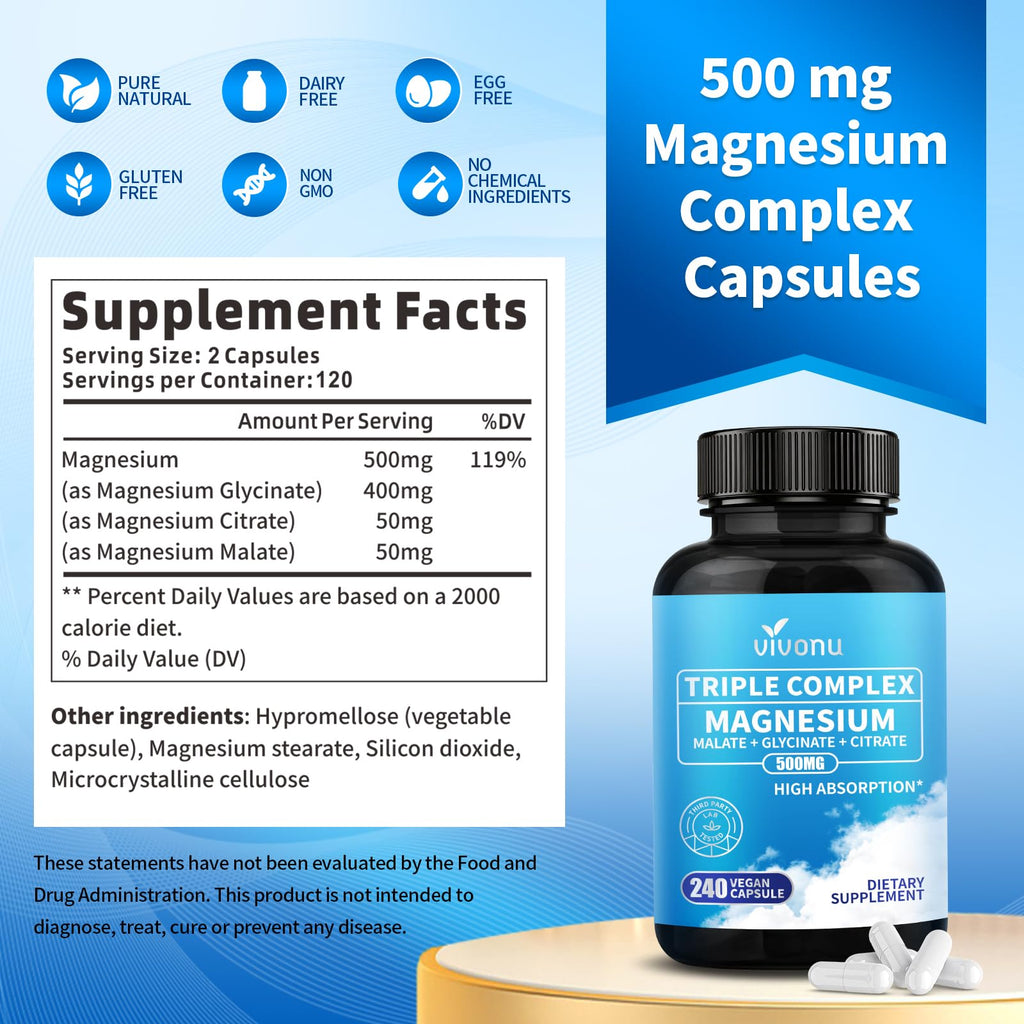 3 Pack Triple Magnesium Complex - Magnesium Glycinate 400mg, Malate, Citrate, High Absorption Chelated Magnesium Supplement