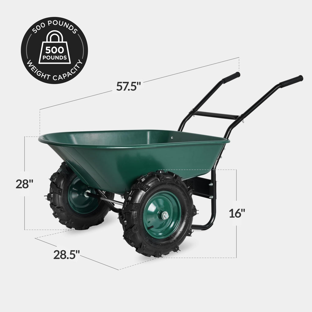 Best Choice Products Dual-Wheel Wheelbarrow Garden Cart - 500 lb Capacity, Extra-Large Wheels, Built-in Stand, for Yard, Garden & Landscaping - Green