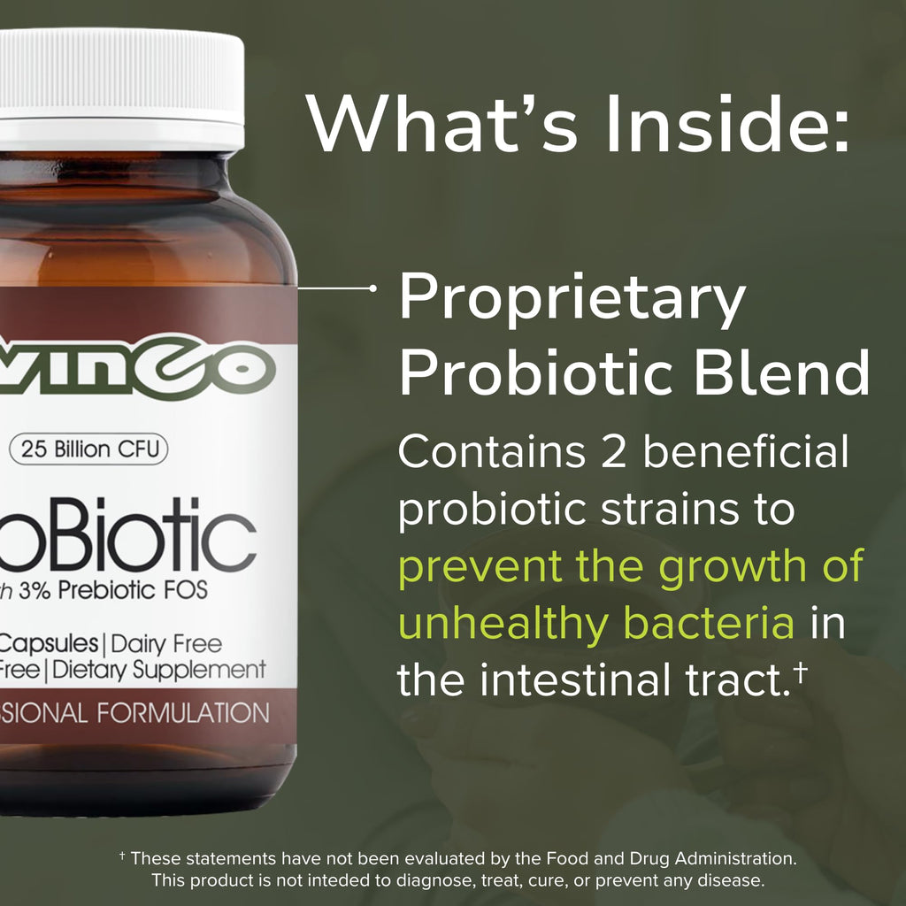 Vinco Inc - ProBiotic Daily Supplement | (90 Capsules) | Prebiotic Fiber for Balanced Digestion | Supports Digestive Balance, Immune Health & Gut Flora | Gluten Free