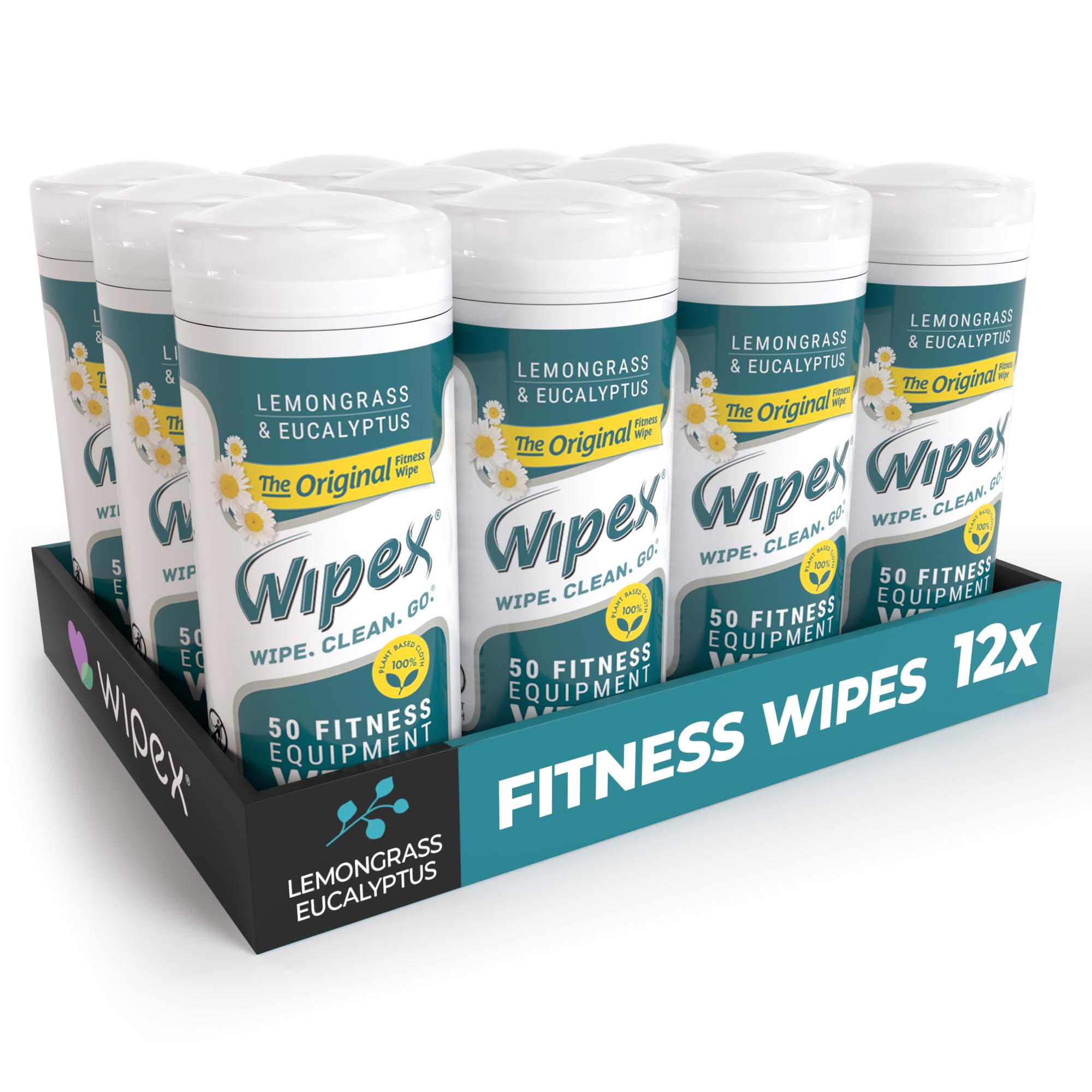 Wipex Original Fitness Equipment Wipes - EWG Verified - 50 Count Plant Based Gym Wipes for Equipment, Yoga Mat Cleaner, Peloton Cleaner, Lemongrass, Eucalyptus & Vinegar (Pack of 12)