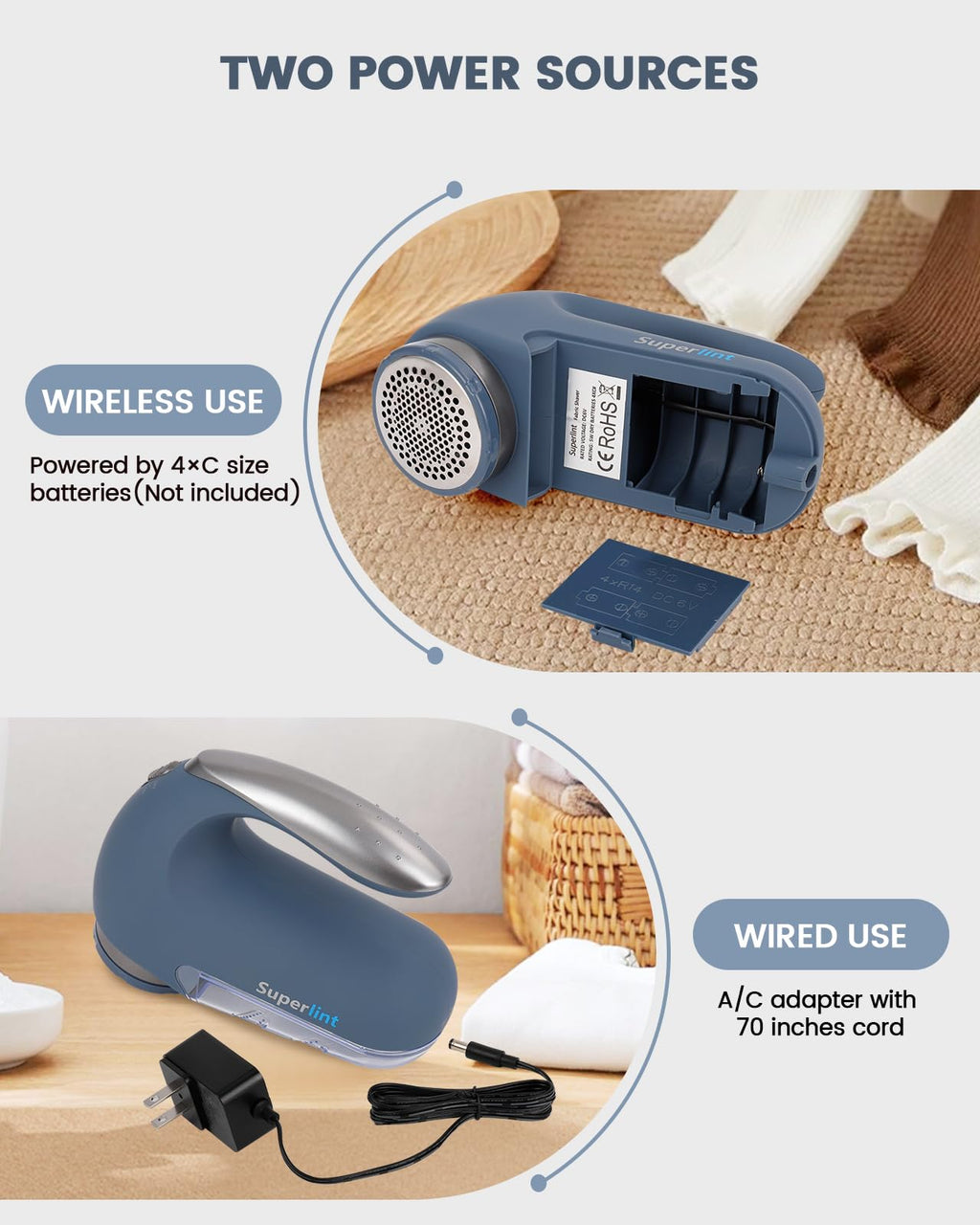 SUPER LINT Electric Sweater Shaver Fuzz Pill Bobble Remover for Fabric Fleece Curtains Clothes, Marine Blue & Silver