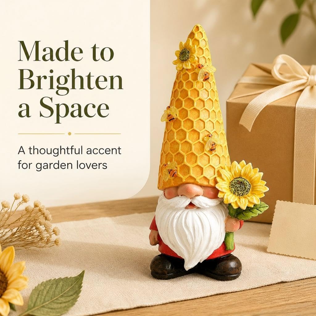 REYISO 12.3'' Sunflower Garden Gnomes Statue with Solar Bee Lights