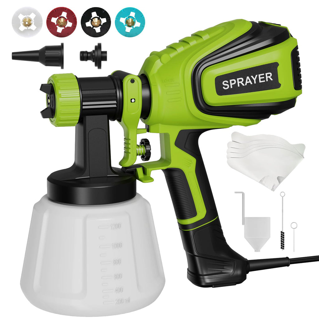 VONFORN Paint Sprayer, HVLP Spray Gun with Cleaning & Blowing Joints, 4 Nozzles and 3 Patterns, Easy to Clean, for Furniture, Cabinets, Fence, Walls, Door, Garden Chairs etc. VF803 VF803 Dark Green