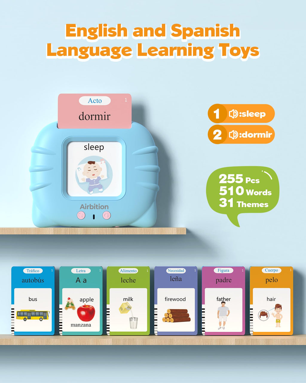 Bilingual Spanish and English Talking Flash Cards for 1-3, Airbition Pocket Speech Therapy Tools with 512 Words, Montessori Language Learning and Autism Aids, Children's Sensory Learning Kits