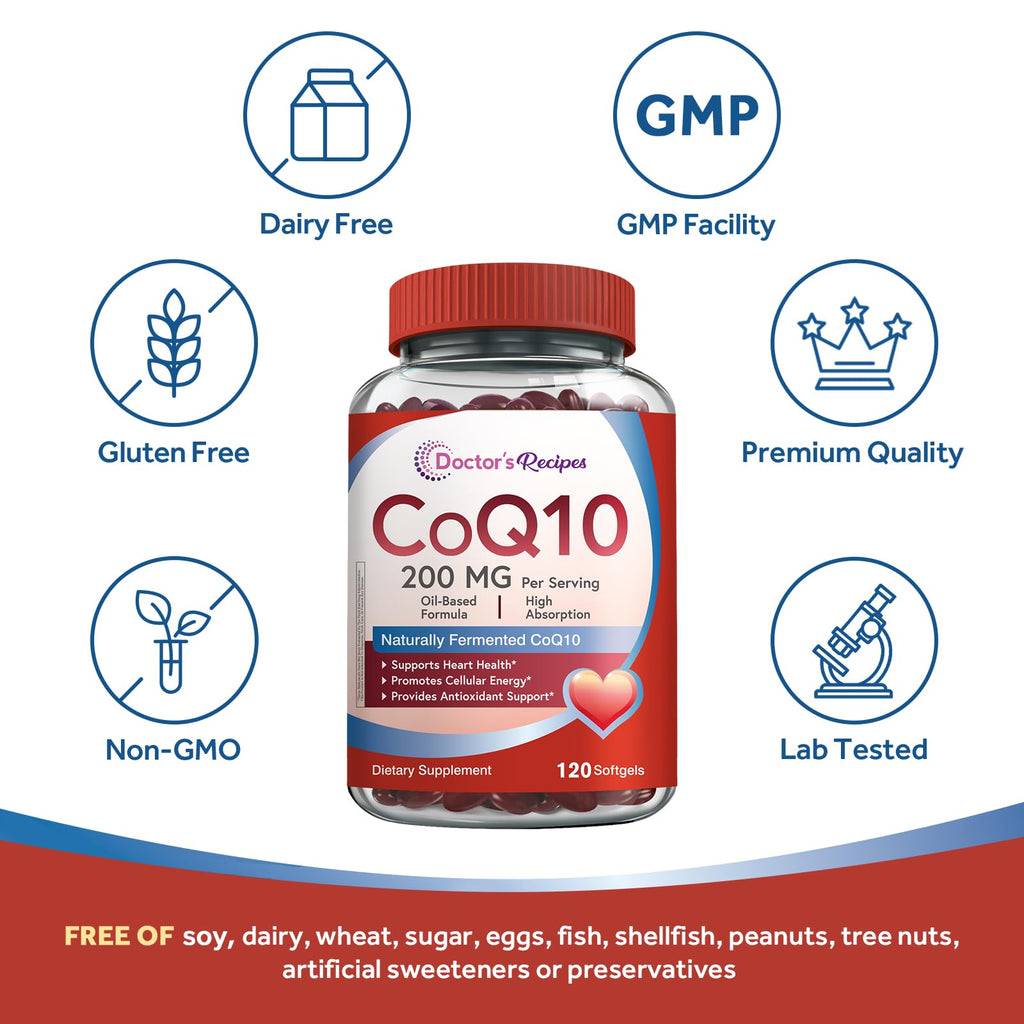 Doctor's Recipes CoQ10 200mg Per Serving, High Absorption Coenzyme Q10 Supplement with Olive Oil, Heart & Vascular Health, Energy Production & Antioxidant Support, 2 Month Supply, 120 Softgels