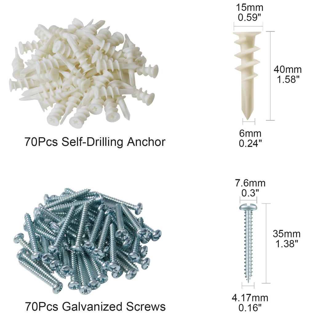 KURUI Wall Hanging Kit for Wall Art Decor Frame Curtain Rods, 135Pcs Heavy Duty Drywall Anchors Substitute Picture Hanging Nails, 70 Dry Wall Anchor and 70 8 x 1-1/4'' Screws, 75Lb Picture Hangers