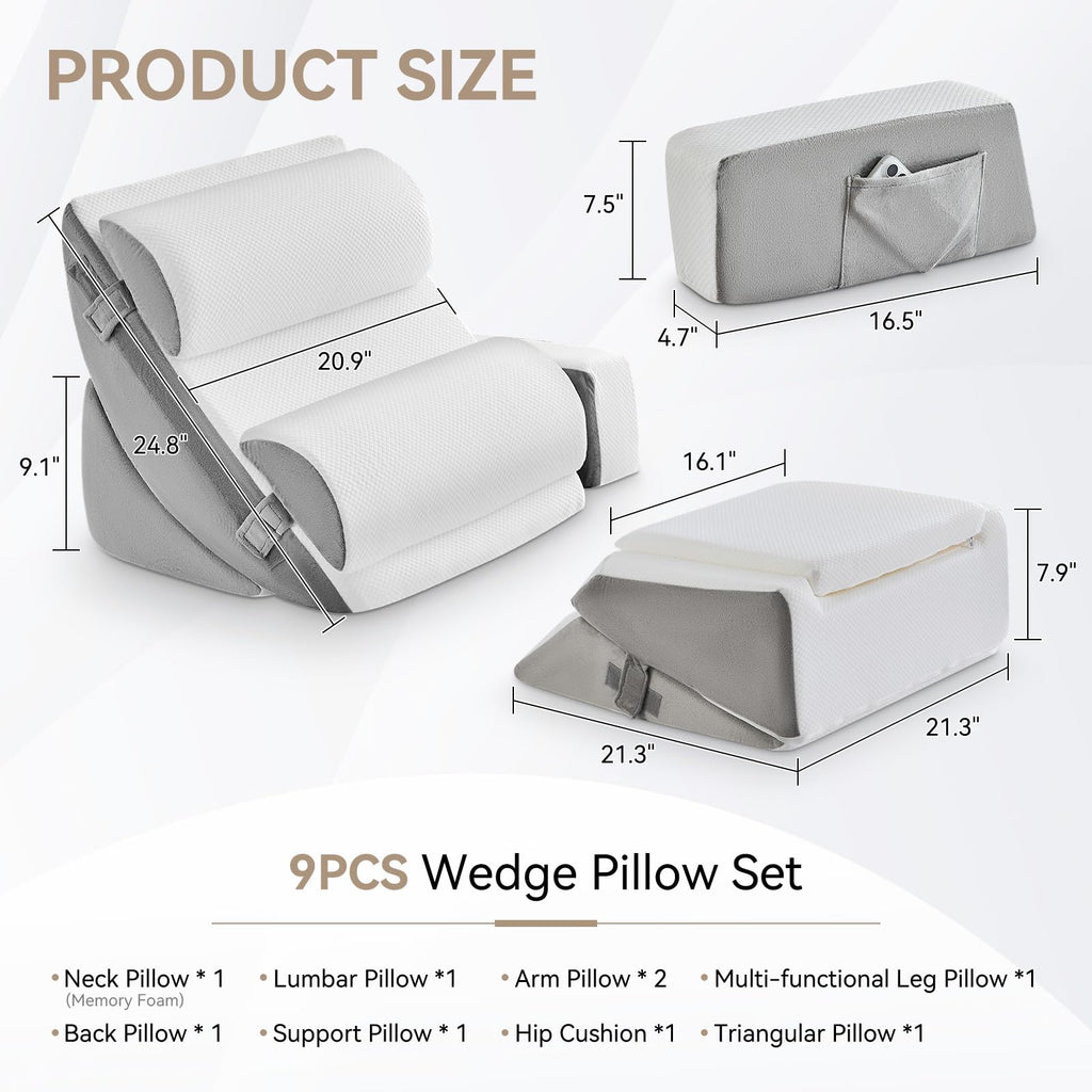 Yojoker 9PCS Orthopedic Bed Wedge Pillow Set for Sleeping, Back and Leg Pain Relief, Post Surgery Foam Pillow for Body, Triangle Adjustable Support Pillow - Acid Reflux Sleeping Pillows