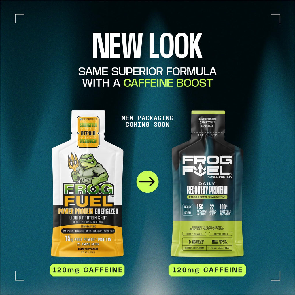 Frog Fuel Power Energized Complete Protein Shot, 15g, Nano Hydrolyzed & Grass Fed, 80mg Caffeine, Gluten Free, Fat & Sugar Free, 22 Amino Acids, 0 Carbs, Berry, 1 oz Packets, 24 Pack