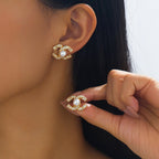 IvoryHaid Golden Pearl Stud Earrings for Women, Cubic Zirconia Paved Designer Style Earrings with faux Pearl, Elegant Luxury Fashion Jewelry idea for Women