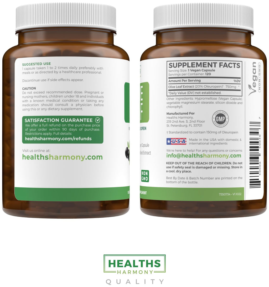 Super Strength Olive Leaf Extract Capsules - Vegan Non-GMO 750mg Olive Extract with 20% Oleuropein Antioxidant Supplement for Immunity Skin and Heart Health Support - Made in The USA (4 Month Supply)