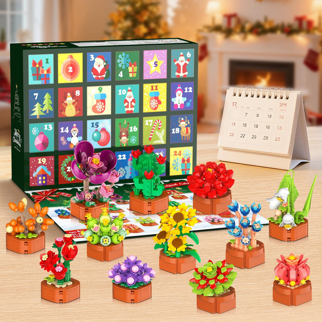 HOGOKIDS Advent Calendar 2025 Flowers Mini Building Set for Kids Adults - 24 Day Succulent Flower Christmas Countdown Calendar 3.6MM Blocks Toys, Xmas Gift Box Set for Boys Girls Women Men Age 10+