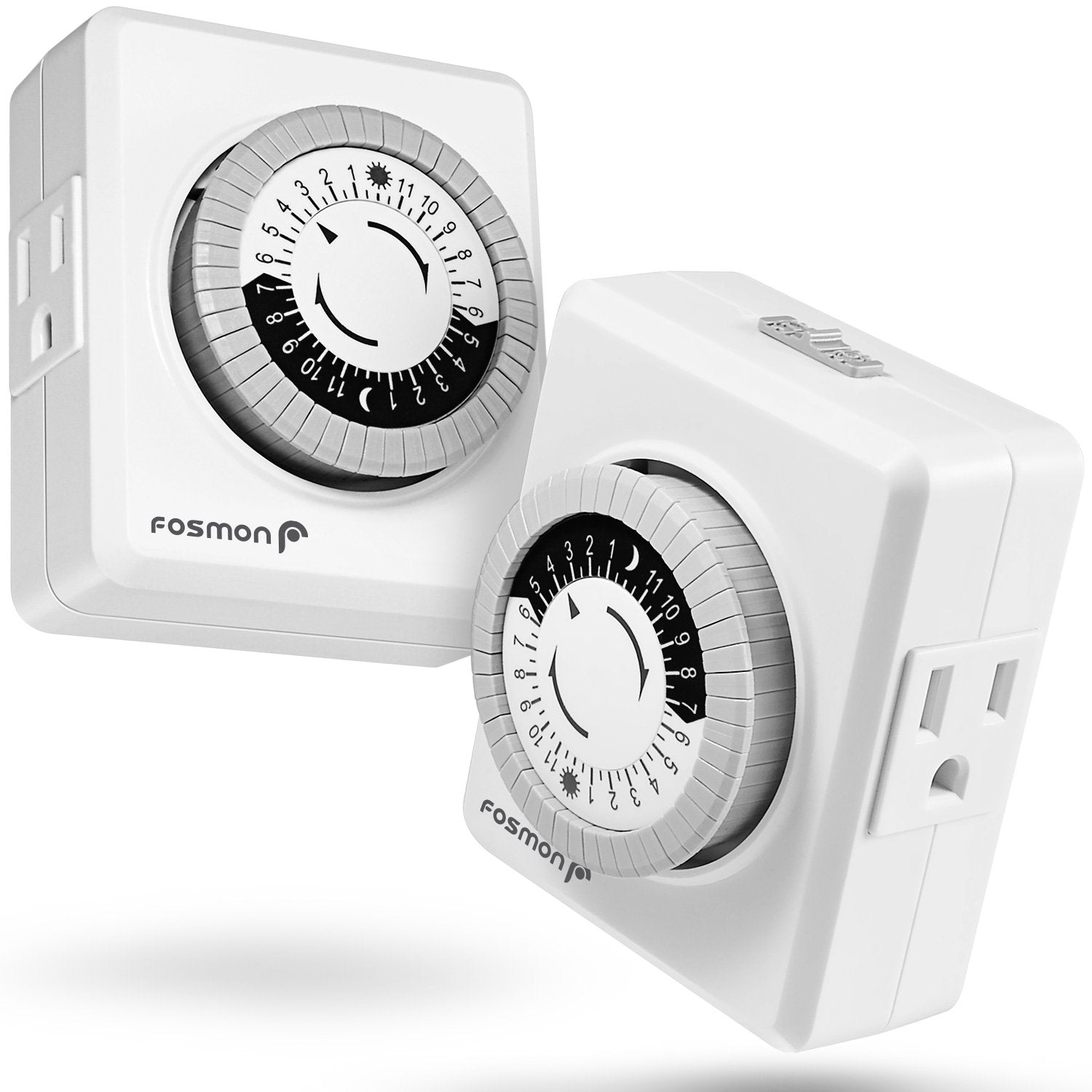 Fosmon Outlet Timers for Electrical Outlets, 24-Hour Dual Plug in Light Timers Programmable Indoor, Heavy Duty Electric Wall Plugs for Reptile, Grow Light, Grounded, 3 Prong/15A/1875W-2 Pack