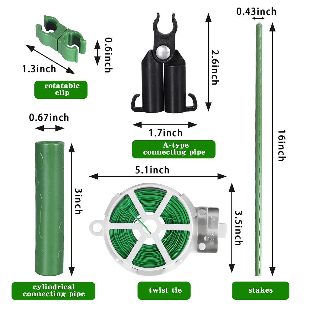 Garden Stakes 60 Pack, 16 Inch Each, DIY 3ft 4ft 5ft 6ft 7ft Sturdy Steel Plant Stakes with 50 Connectors, 30 Rotatable Clips, 10 A-Type Connecting Pipe and 164 Feet Twist Tie for Climbing Plants