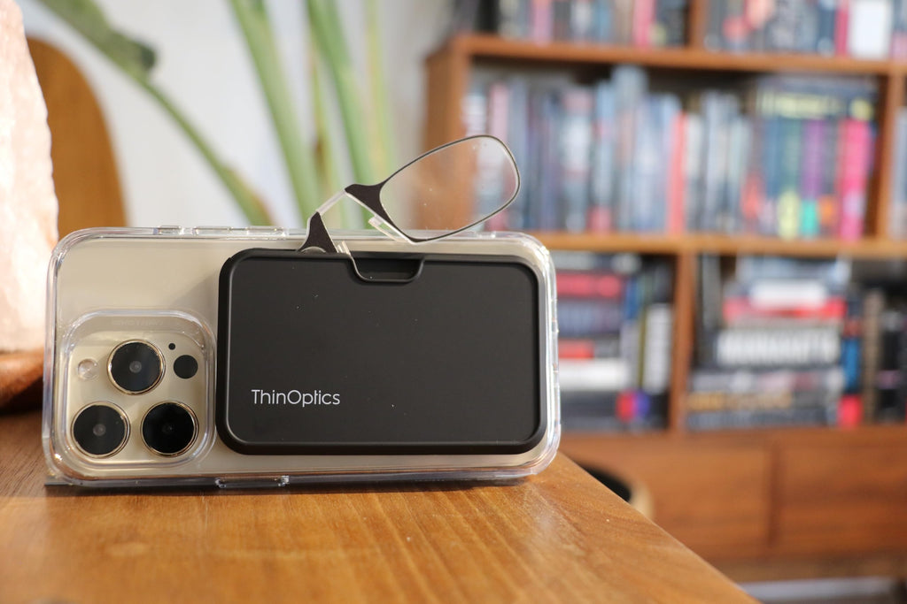 ThinOptics Readers with Magsafe Compatible Case - Armless On-Nose Reading Glasses - Slim Case Attaches to Phone - Clear 1.5x