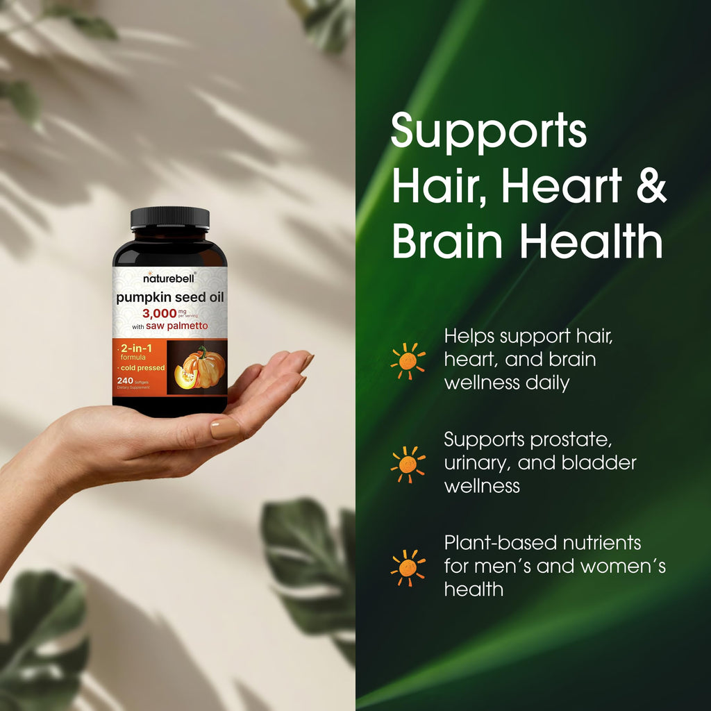 NatureBell Pumpkin Seed Oil 3,000mg with Saw Palmetto - 240 Softgels - Rich in Omega-6 & Omega-9 - Supplement for Heart, Brain, Hair & Bladder Health*