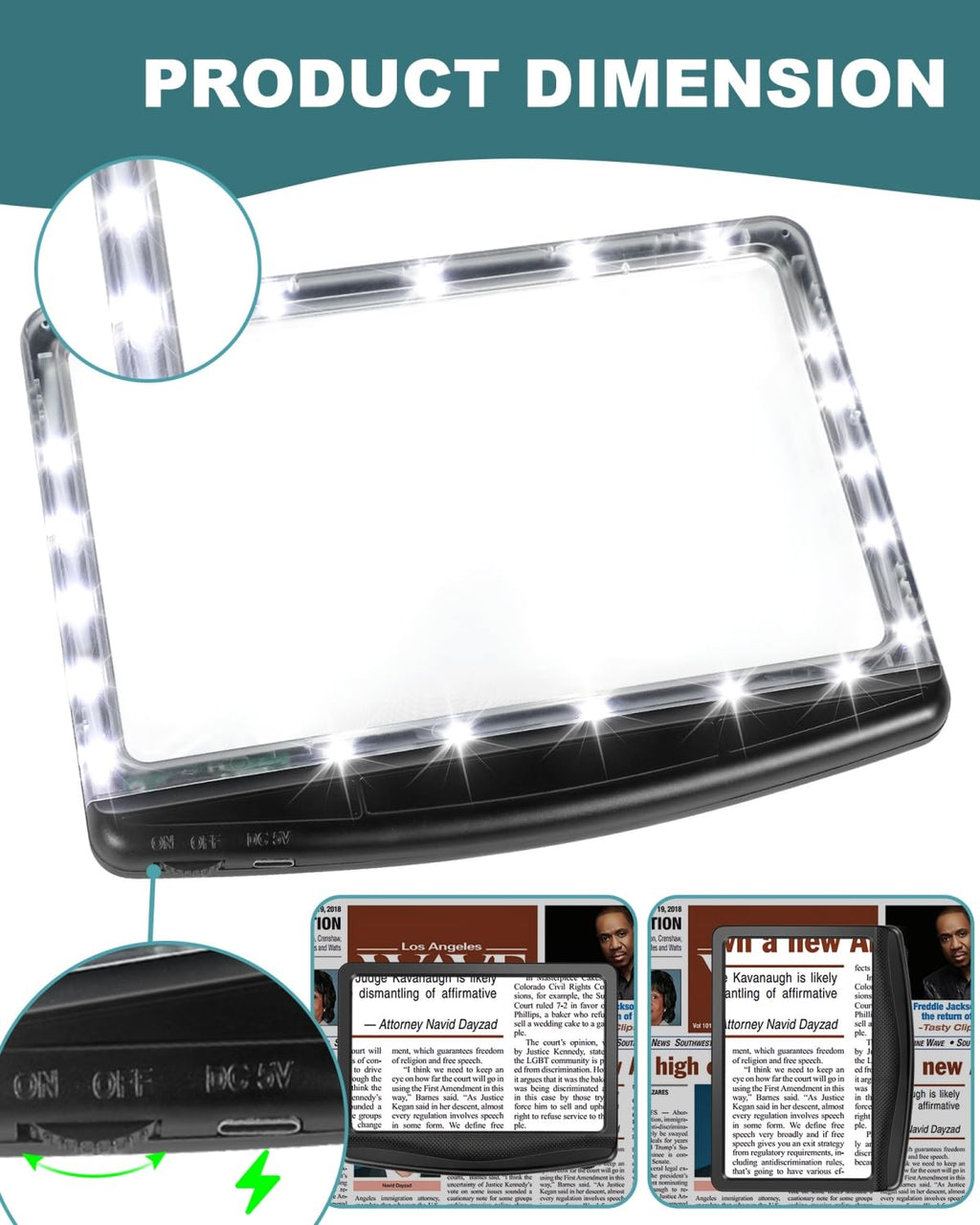 AKKYCVS 5X Rechargeable Magnifying Glass for Reading, Large Bright LED Lighted Full Page Magnifier, Lightweight Rectangular Handheld Magnifier with Light for Reading Small Prints for Seniors, Black