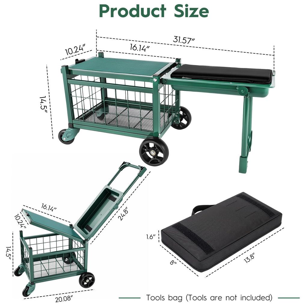 Rolling Garden Cart with Seat, Metal Garden Work Seat with 360° Swivel Wheels, Storage Basket, Workbench, and Tool Bag, Upgraded Heavy Duty Gardening Wagon and Stool for Seniors