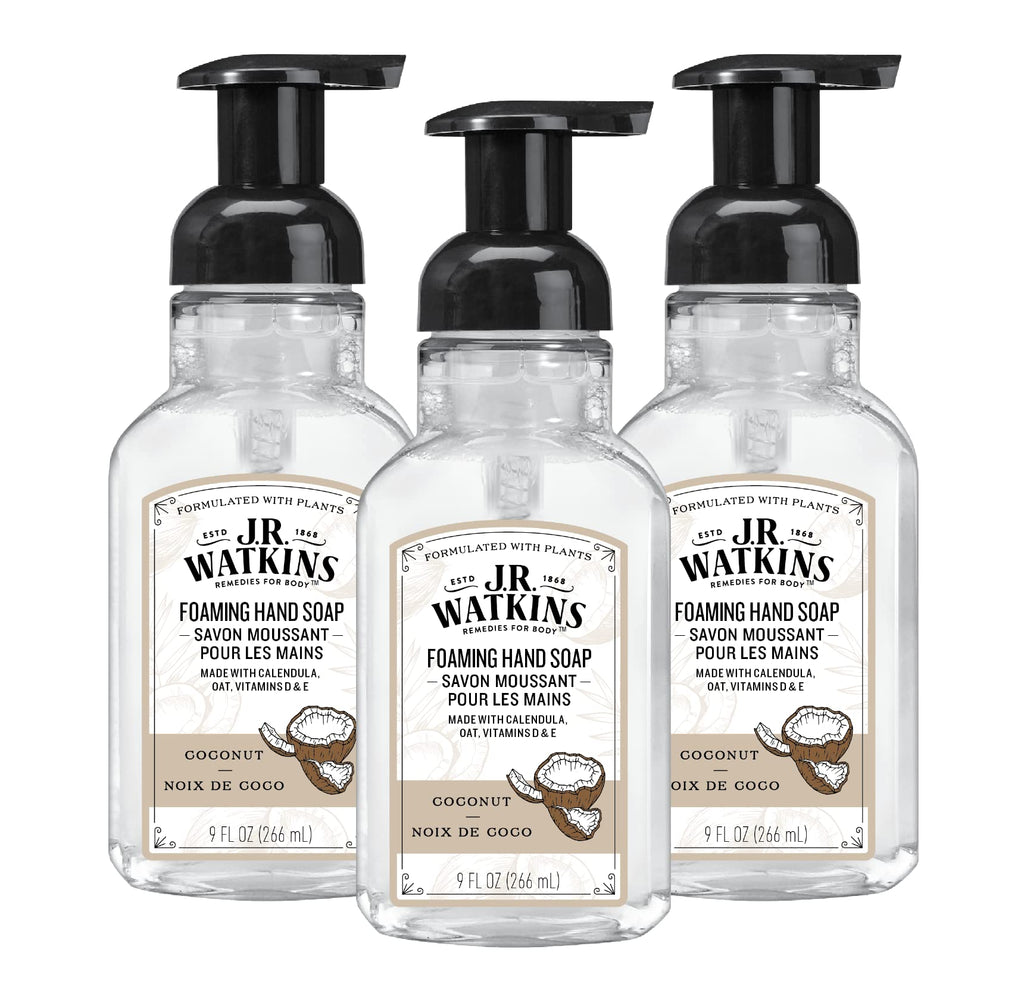 J.R. Watkins Foaming Hand Soap Pump with Dispenser, Moisturizing Hand Soap Foam, Alcohol-Free and Cruelty-Free, Use for Kitchen or Bathroom, Noix De Coco/Coconut, 9 fl oz, 3 Pack