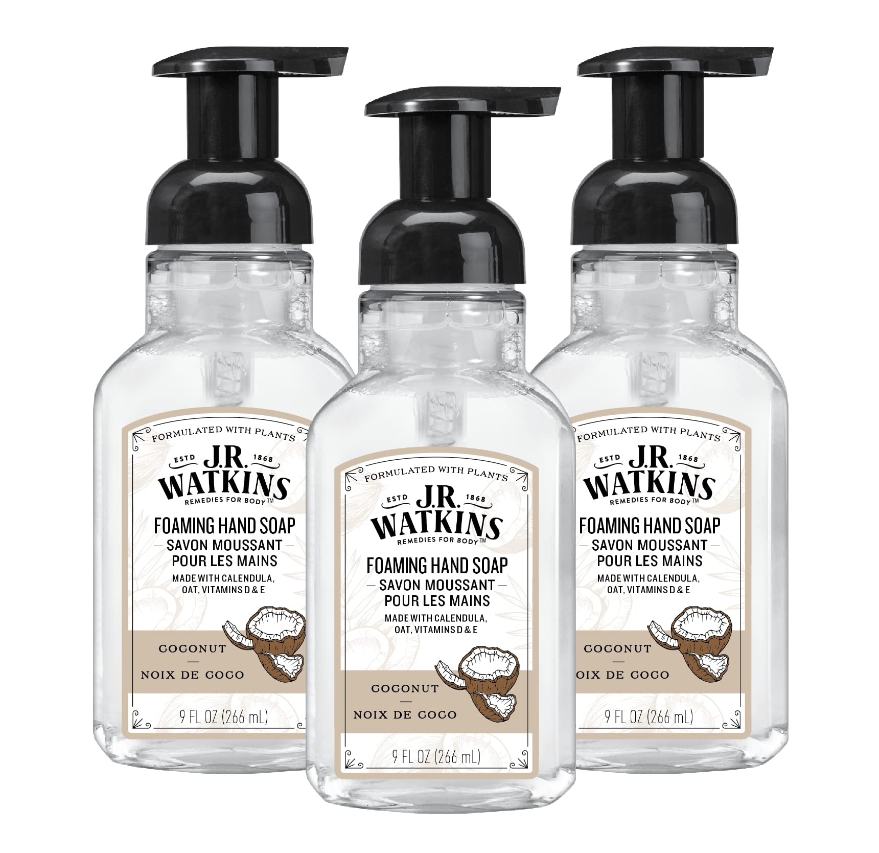 J.R. Watkins Foaming Hand Soap Pump with Dispenser, Moisturizing Hand Soap Foam, Alcohol-Free and Cruelty-Free, Use for Kitchen or Bathroom, Noix De Coco/Coconut, 9 fl oz, 3 Pack
