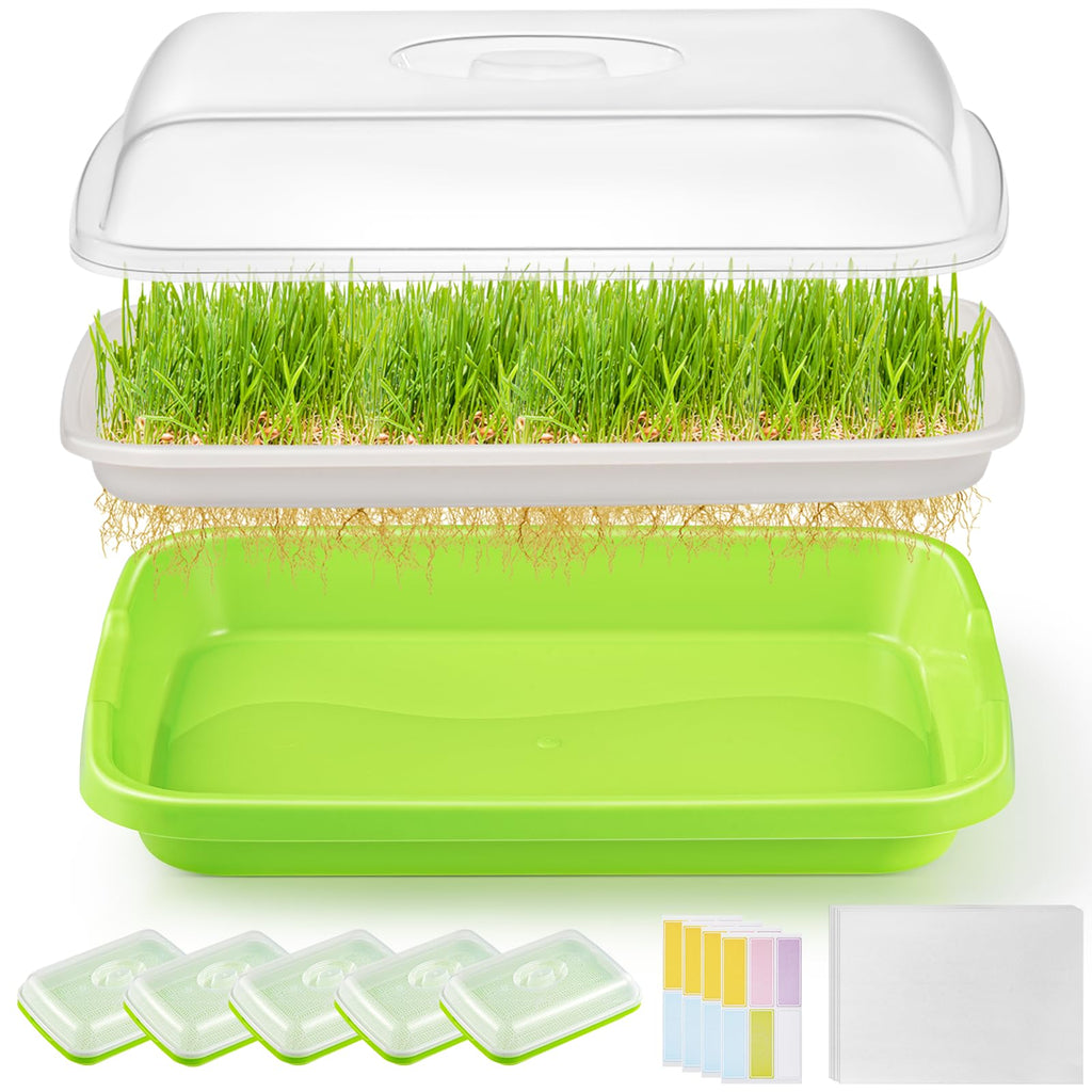 FELISTORY 6 Pack Green Seed Sprouter Trays with Lid, Soil-Free Cultivation Germination Tray, Nursery Tray with Planting Paper for Indoors or Outdoors