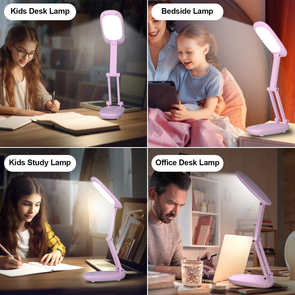 Akejrym LED Desk Lamp for Office Home & Battery Operated Lamp Rechargeable Lamp Foldable & Portable Light, [2-Fold Bracket] 3 Brightness Dimmable Small Desk Lamp Wireless Reading Lamp (Pink)