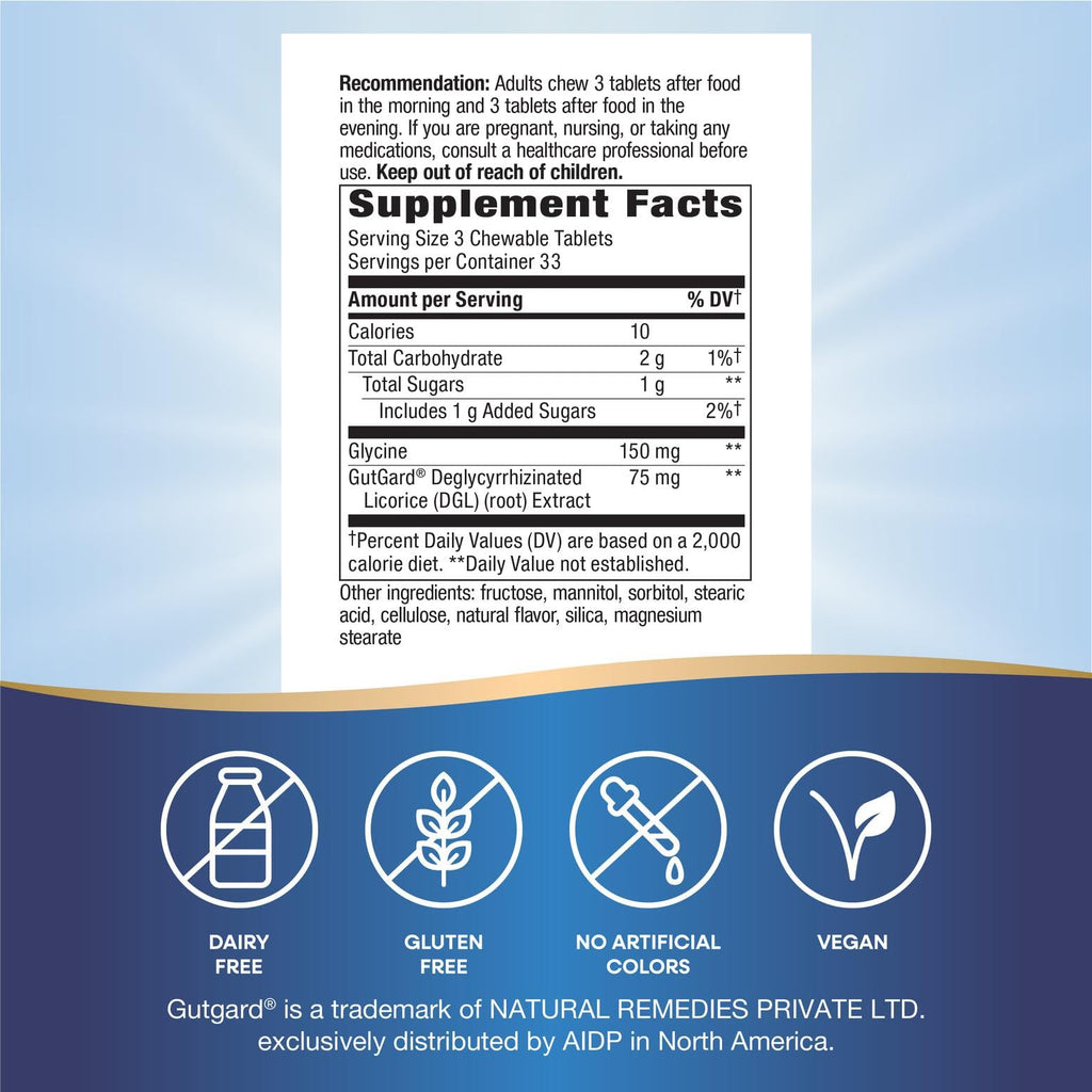 Nature's Way DGL Chewable Tablets, Soothing Digestive Relief*, For Occasional Stomach Upset*, Deglycyrrhizinated Licorice Extract, Gluten Free, Licorice Flavored, 100 Tablets (Packaging May Vary)
