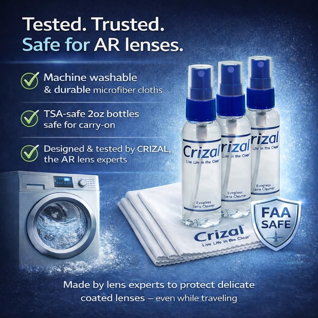 Crizal Lens Cleaning Kit – 3 Cloths +3 Solutions – Designed & Tested for AR-Coated Lenses – Complete AR Lens Care System