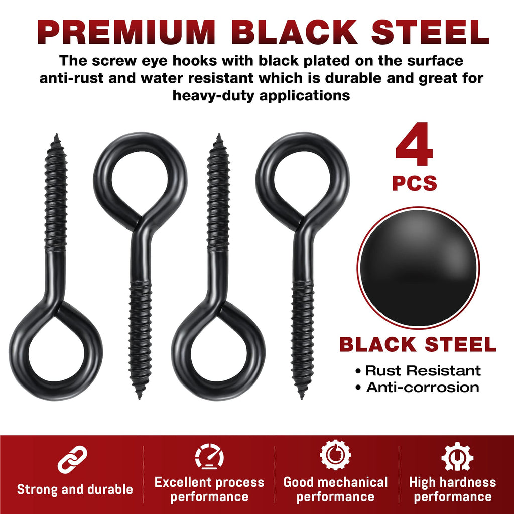 PAMAZY 6 Inch Heavy Duty Black Screw Eyes Hooks, 700LBS Breaking Strength, 4PCS Self Tapping Eyelet Screw Eye Bolts, Screw in Eye Hooks for Wood Securing Cables Wire, Heavy Indoor & Outdoor Uses