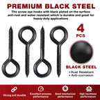 PAMAZY 6 Inch Heavy Duty Black Screw Eyes Hooks, 700LBS Breaking Strength, 4PCS Self Tapping Eyelet Screw Eye Bolts, Screw in Eye Hooks for Wood Securing Cables Wire, Heavy Indoor & Outdoor Uses