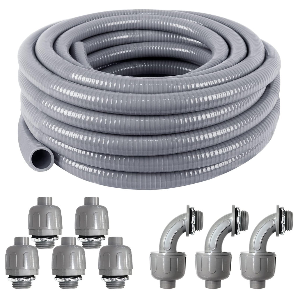 3/4 Inch 25ft Electrical Conduit Kit UL Certification,Flexible Non Metallic Liquid Tight Electrical Conduit,Flexible Metallic Conduit with 5 Straight and 3 90-Degree Conduit Connector Fittings