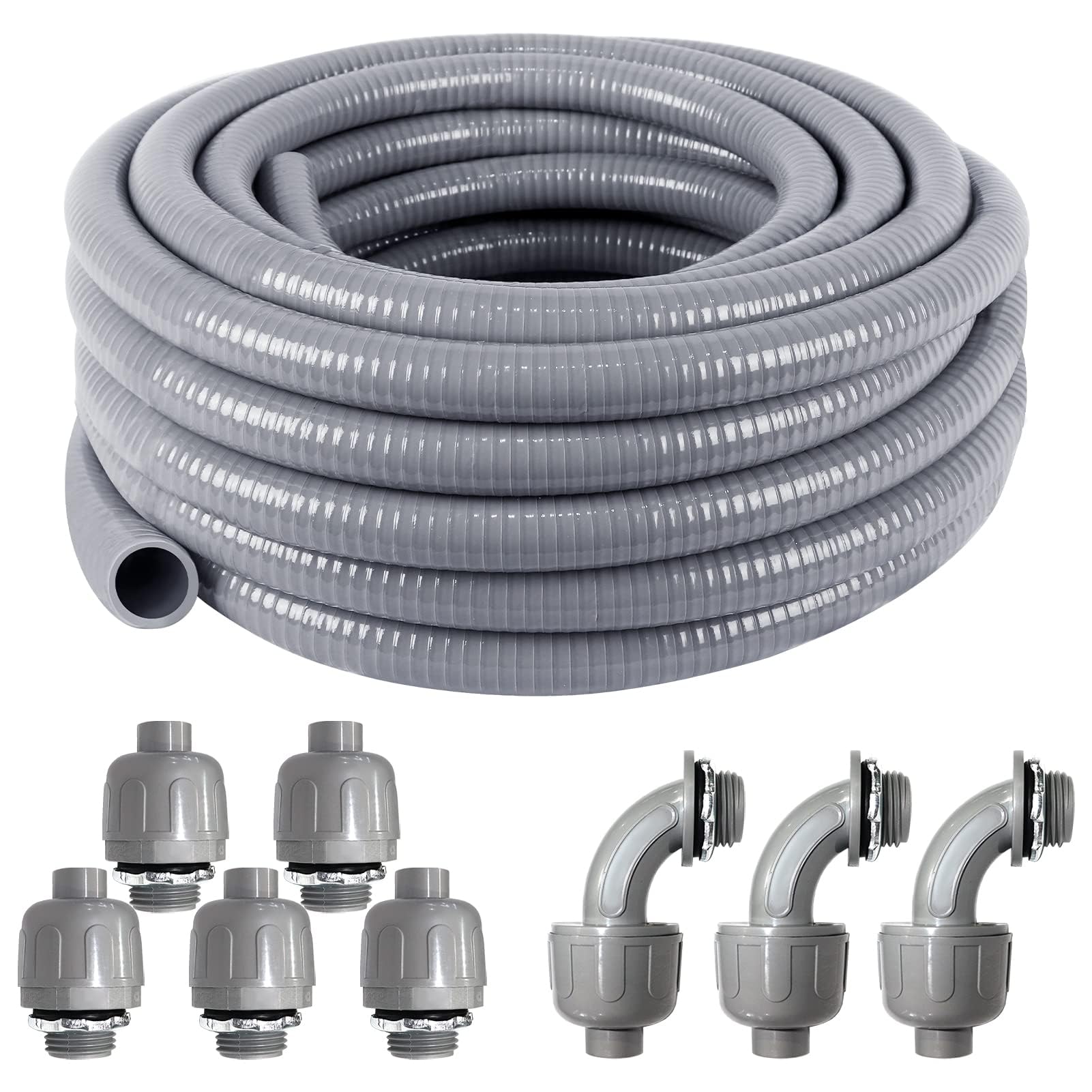 3/4 Inch 25ft Electrical Conduit Kit UL Certification,Flexible Non Metallic Liquid Tight Electrical Conduit,Flexible Metallic Conduit with 5 Straight and 3 90-Degree Conduit Connector Fittings