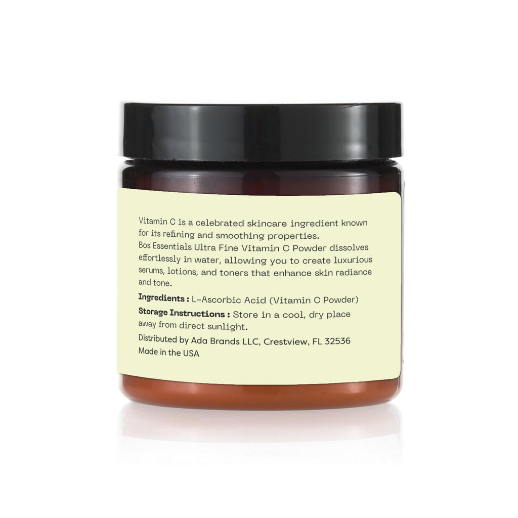 Bos Essentials Ultra Fine Vitamin C Powder, 100% Pure Ascorbic Acid, Non-GMO, Cosmetic-Grade, Dissolves Instantly for DIY Serums, creams, and toners